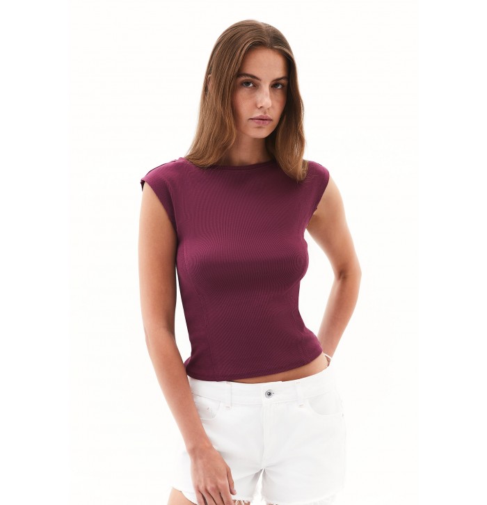 Mor Pamuklu Bot Yaka Tişört